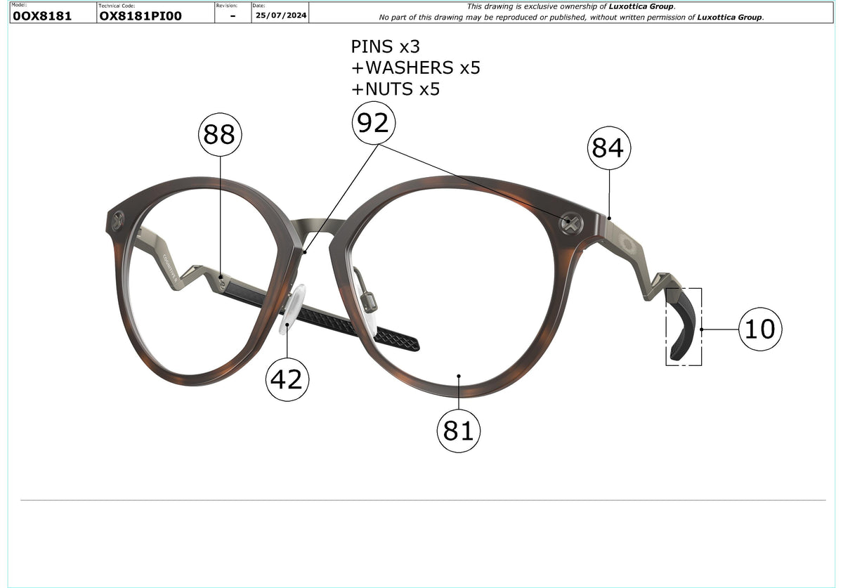 Exploded technical drawing of the Oakley Cognitive R OX8181 Glasses Replacement Parts, with each replacement part numbered