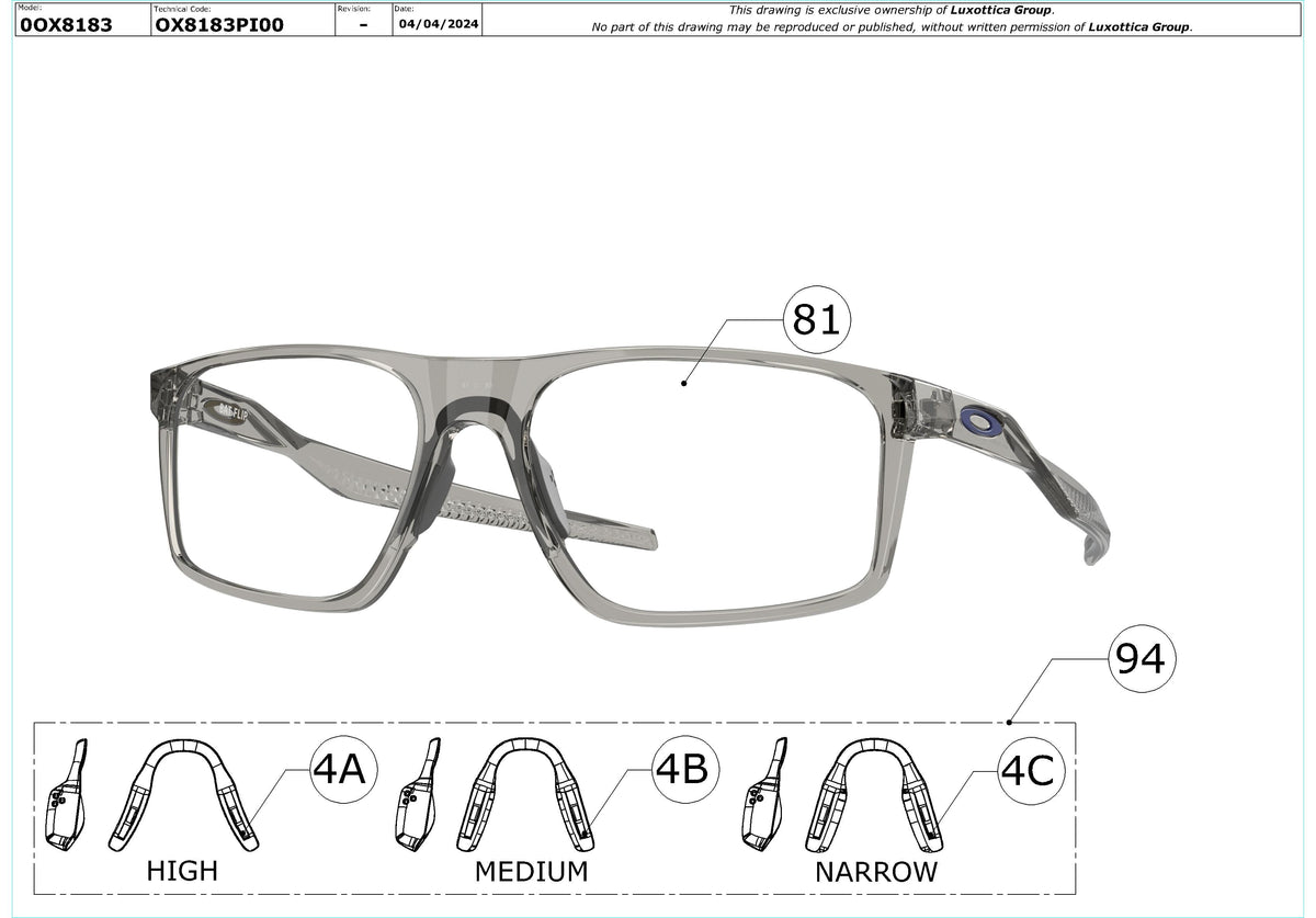 Enlarged technical drawing of the Oakley Bat Flip OX8183 Glasses Replacement Parts