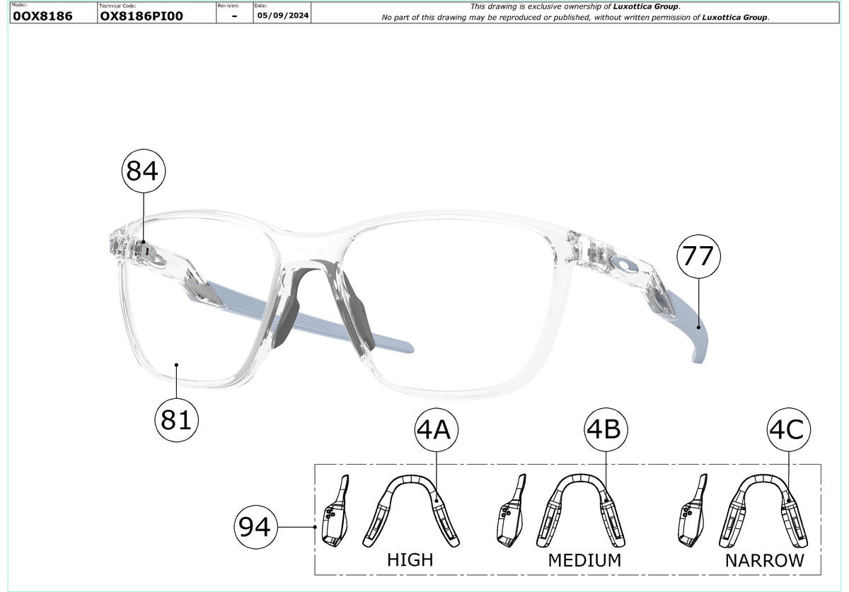 Enlarged technical drawing of the Oakley Futurity Rs OX8186 Glasses Replacement Parts