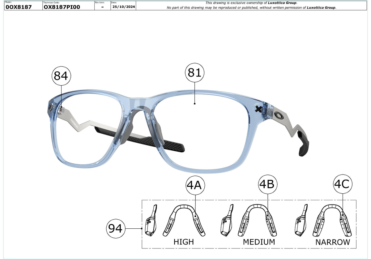 Enlarged technical drawing of the Oakley Cerebral OX8187 Glasses Replacement Parts