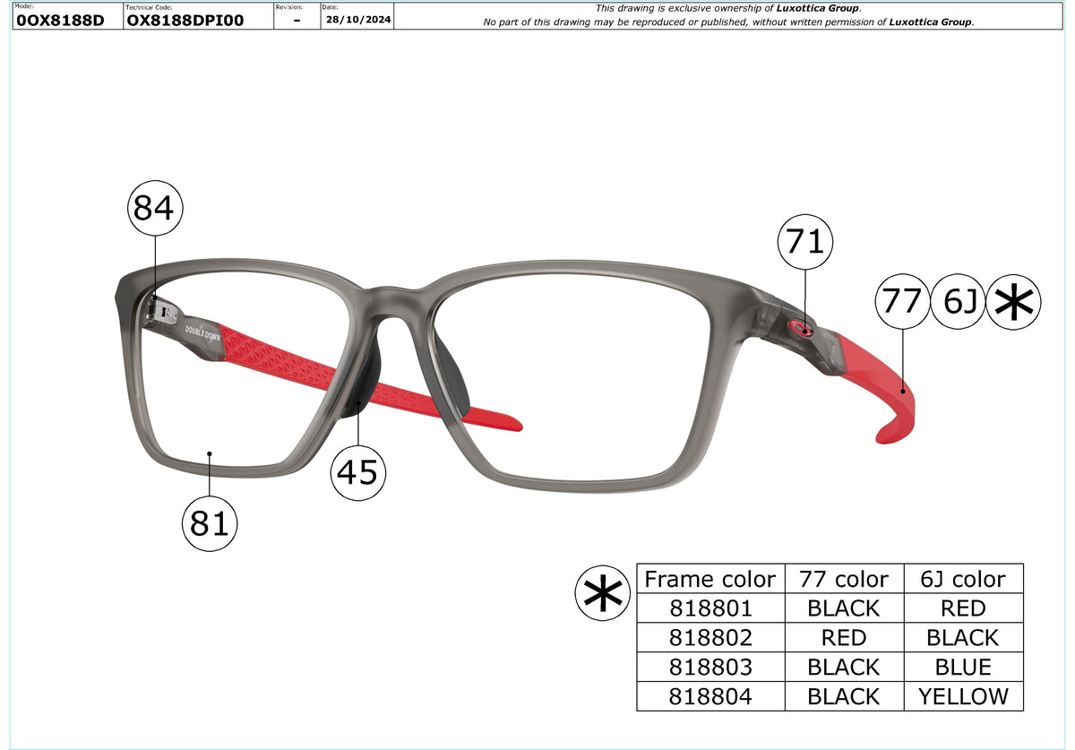 Exploded technical drawing of the Oakley Double Down OX8188D Glasses Replacement Parts, with each replacement part numbered
