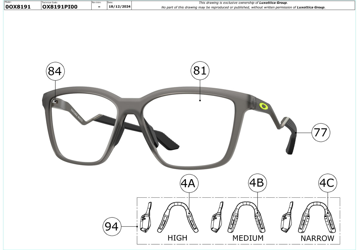 Enlarged technical drawing of the Oakley Enigma Mass OX8191 Glasses Replacement Parts