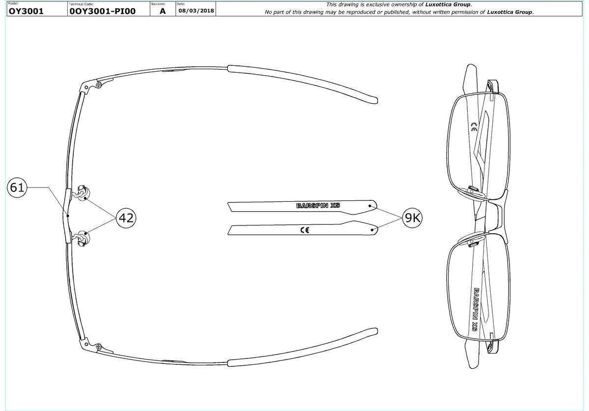 Exploded technical drawing of the Oakley Barspin XS OY3001 Youth Glasses Replacement Parts, with each replacement part numbered