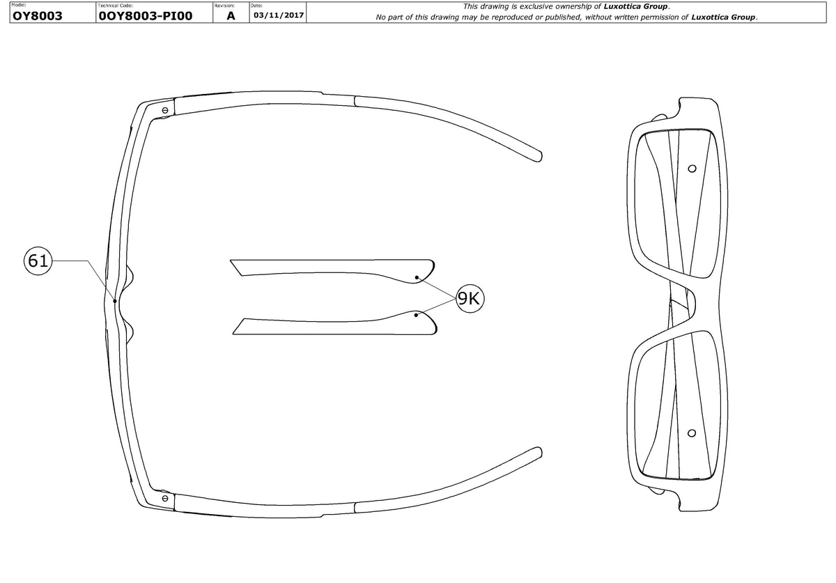 Enlarged technical drawing of the Oakley Airdrop XS OY8003 Youth Glasses Replacement Parts