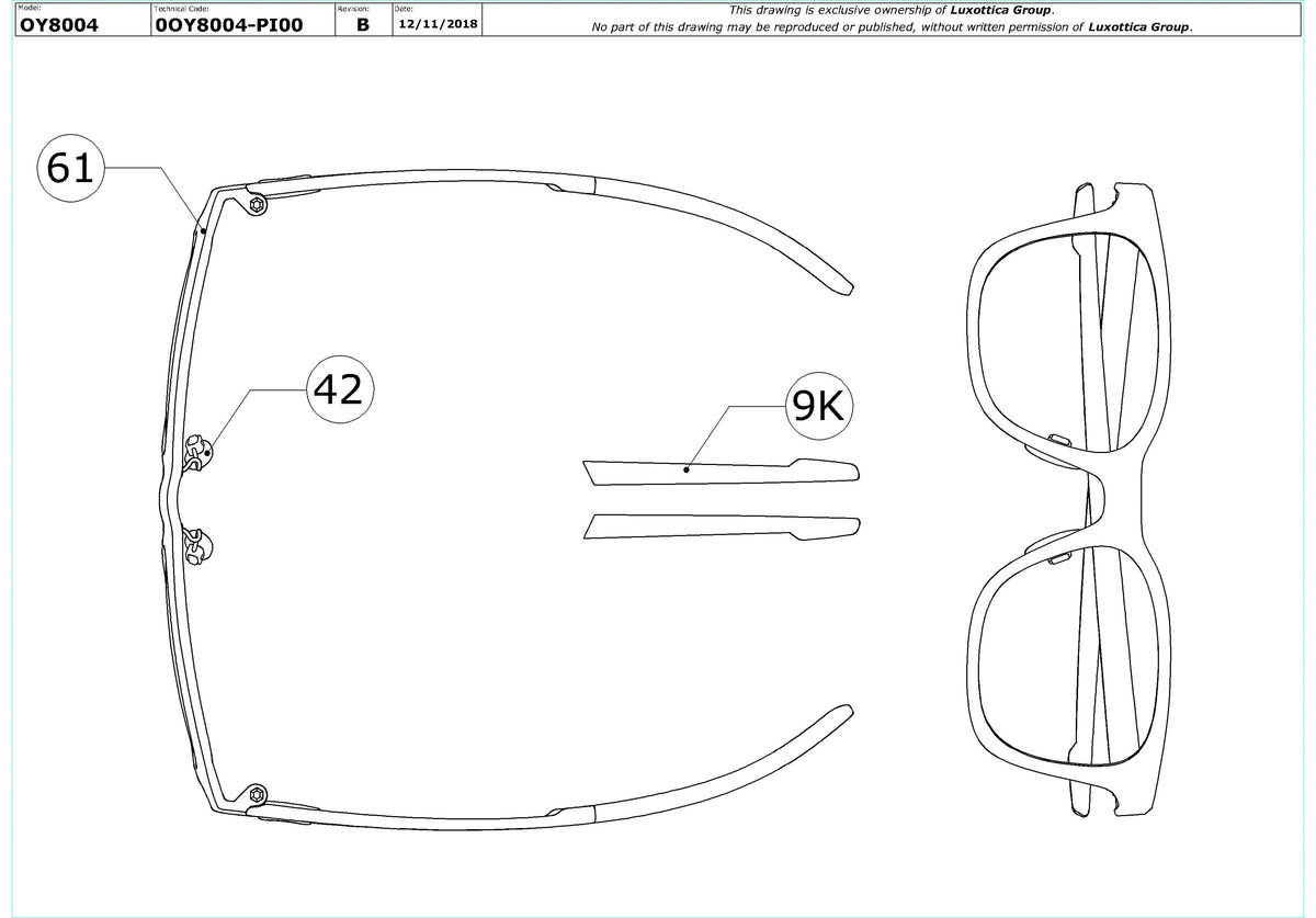 Exploded technical drawing of the Oakley Milestone XS OY8004 Youth Glasses Replacement Parts, with each replacement part numbered