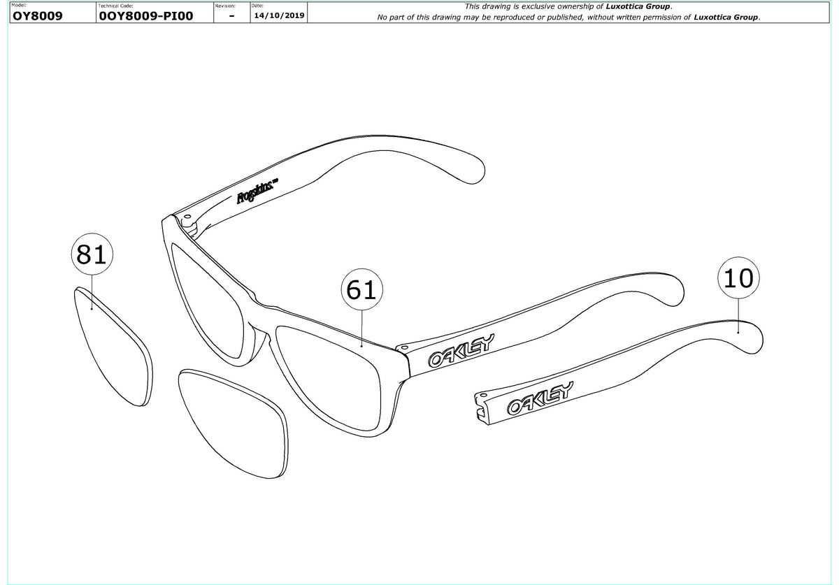 Exploded technical drawing of the Oakley Frogskins XS RX OY8009 Youth Glasses Replacement Parts, with each replacement part numbered