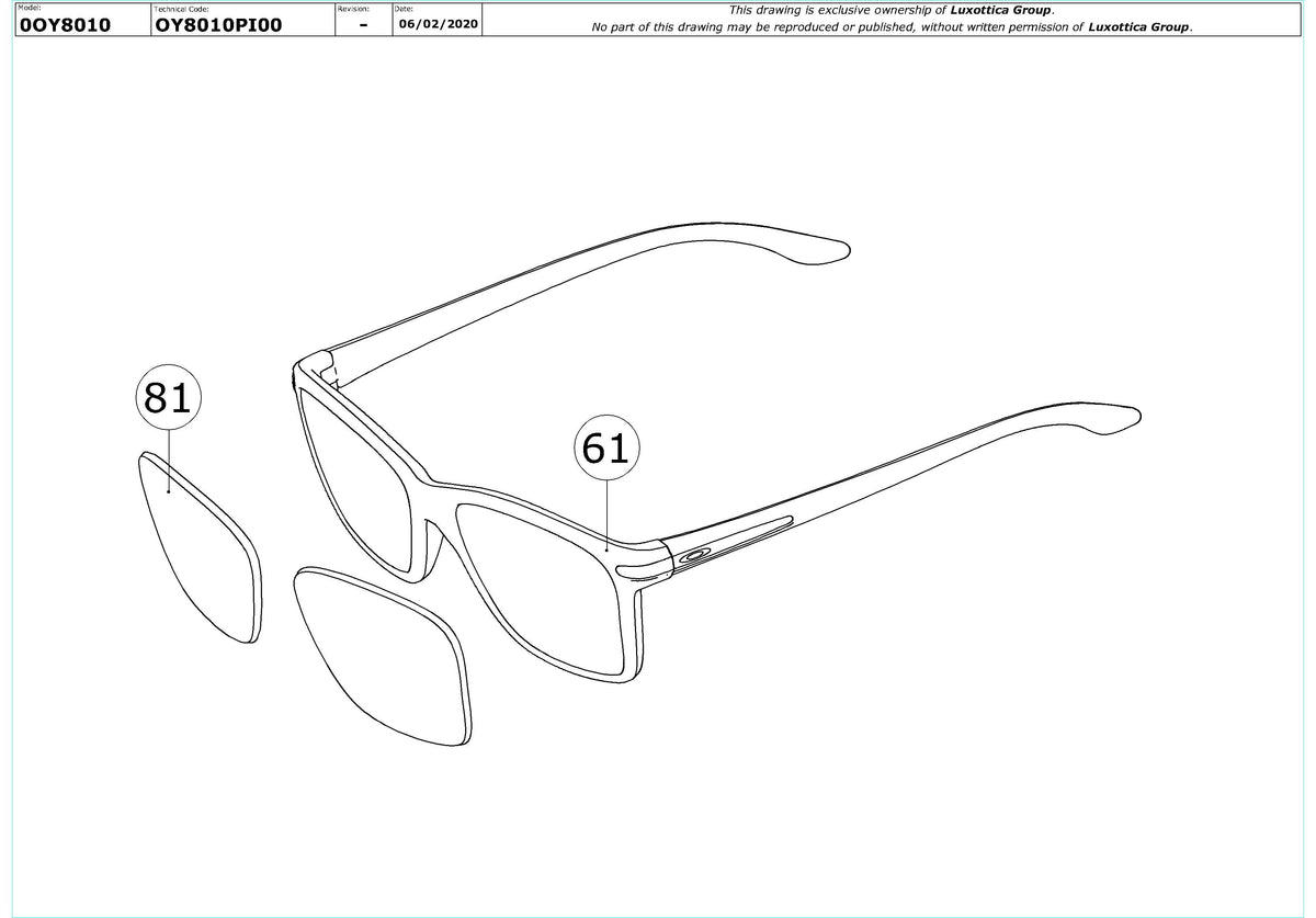 Enlarged technical drawing of the Oakley Cartwheel OY8010 Youth Glasses Replacement Parts