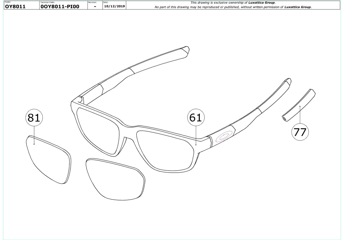 Enlarged technical drawing of the Oakley Tail Whip OY8011 Youth Glasses Replacement Parts