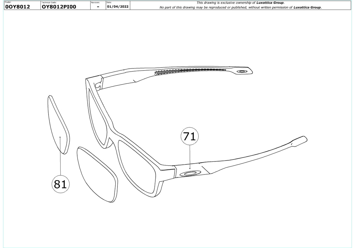 Enlarged technical drawing of the Oakley Top Level OY8012 Youth Glasses Replacement Parts