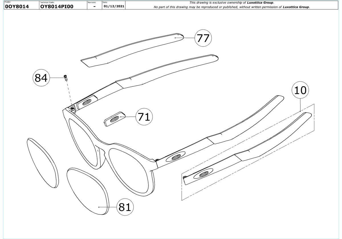 Enlarged technical drawing of the Oakley Round Out OY8014 Youth Glasses Replacement Parts