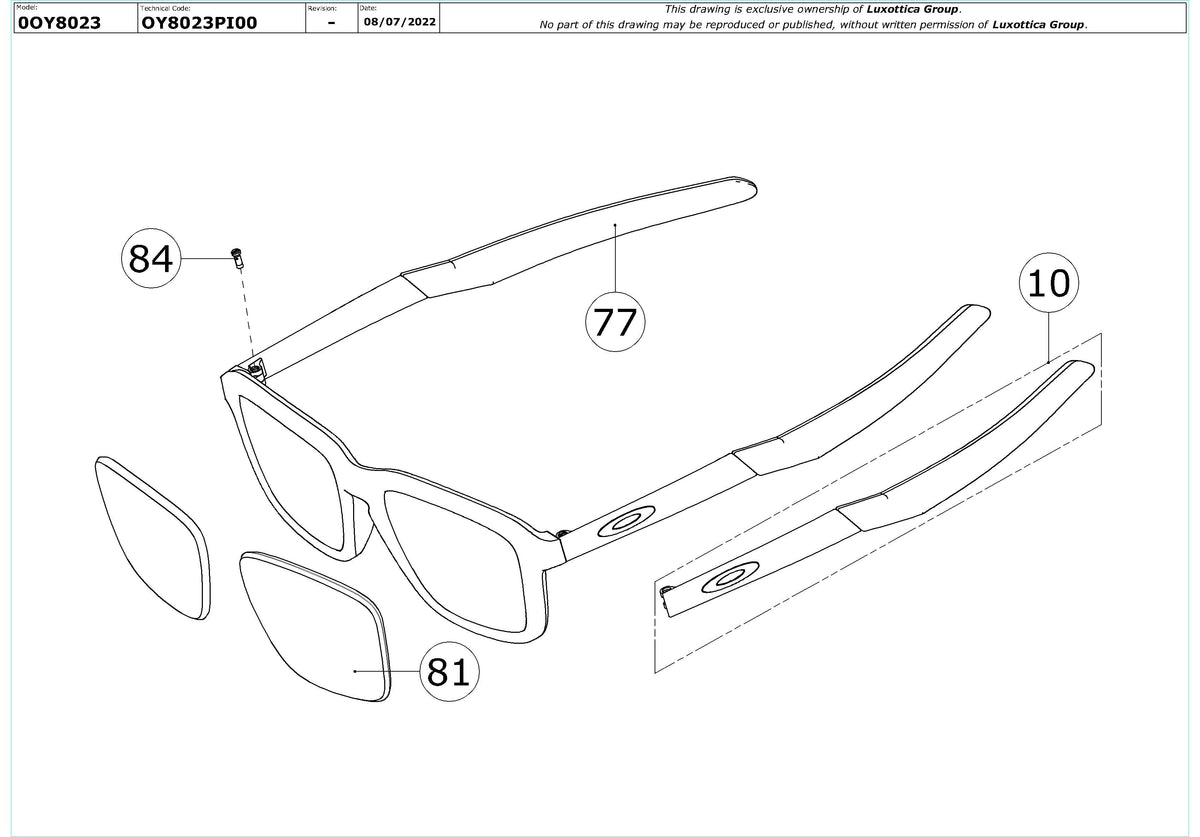 Exploded technical drawing of the Oakley Quad Out OY8023 Youth Glasses Replacement Parts, with each replacement part numbered