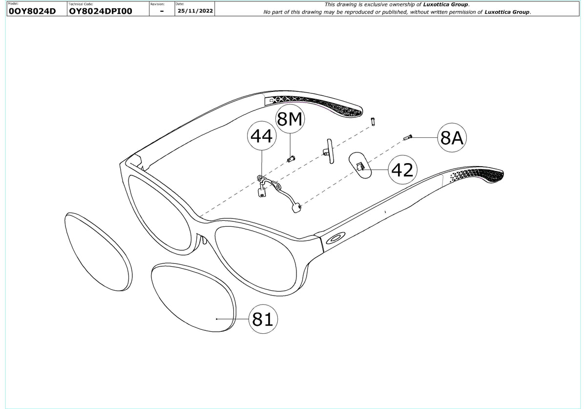 Enlarged technical drawing of the Oakley Full Turn OY8024D Youth Glasses Replacement Parts