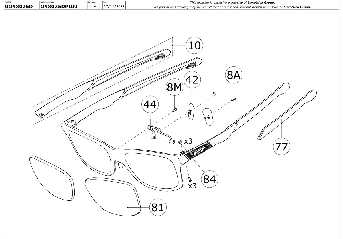Enlarged technical drawing of the Oakley Kick Over OY8025D Youth Glasses Replacement Parts
