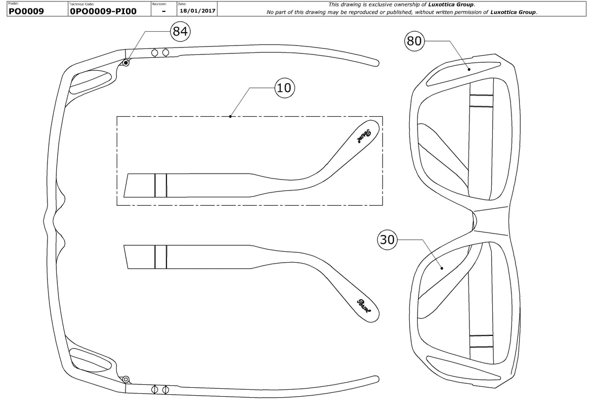 Exploded technical drawing of the Persol PO0009 Replacement Parts, with each replacement part numbered