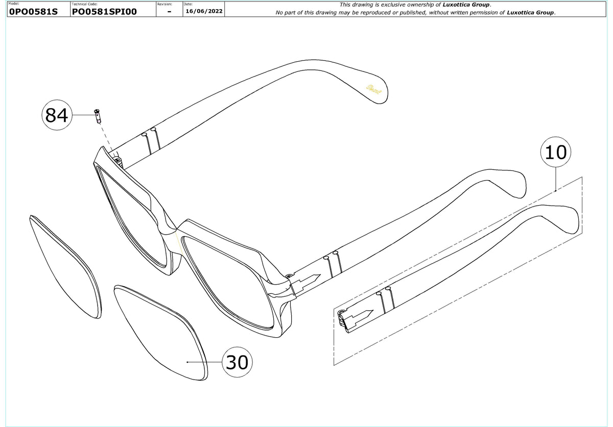 Enlarged technical drawing of the Persol PO0581S Replacement Parts