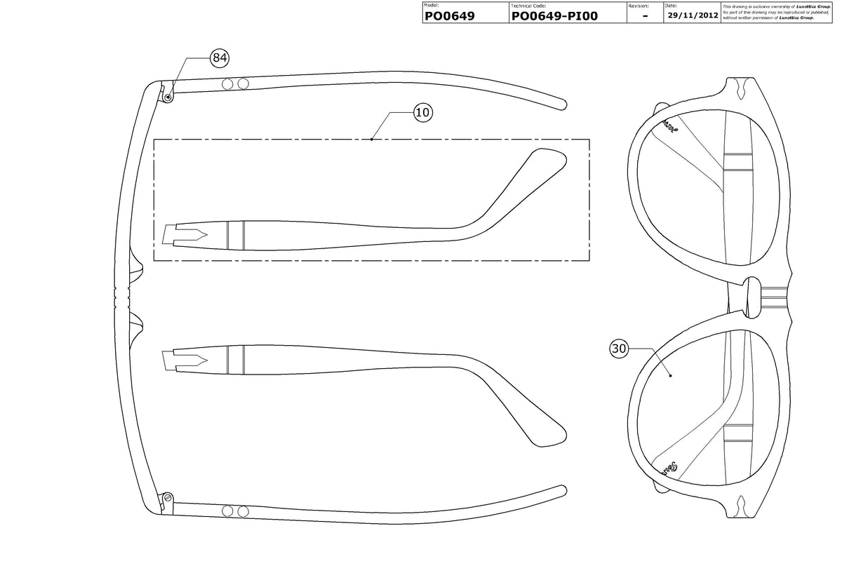 Exploded technical drawing of the Persol PO0649 Replacement Parts, with each replacement part numbered