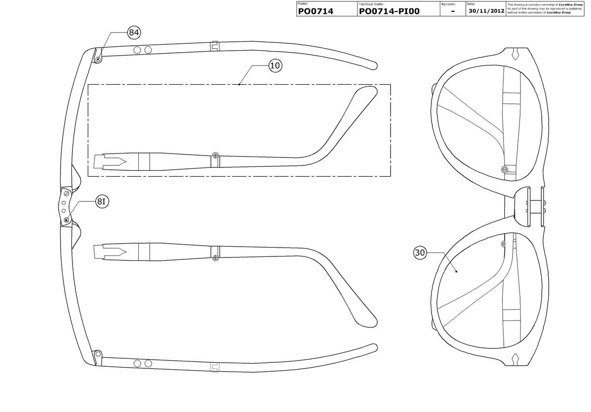 Enlarged technical drawing of the Persol Folding PO0714 Replacement Parts
