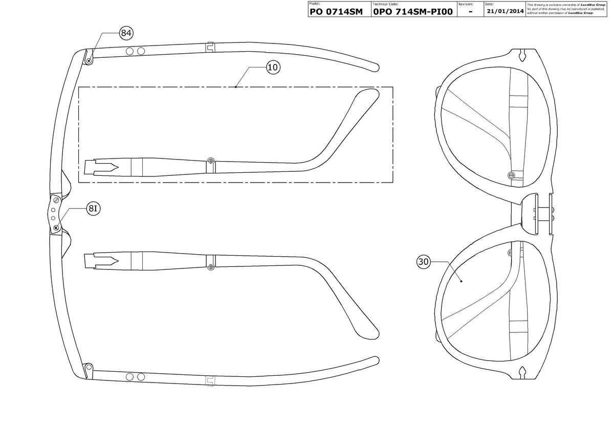 Exploded technical drawing of the Persol Steve McQueen PO0714SM Replacement Parts, with each replacement part numbered