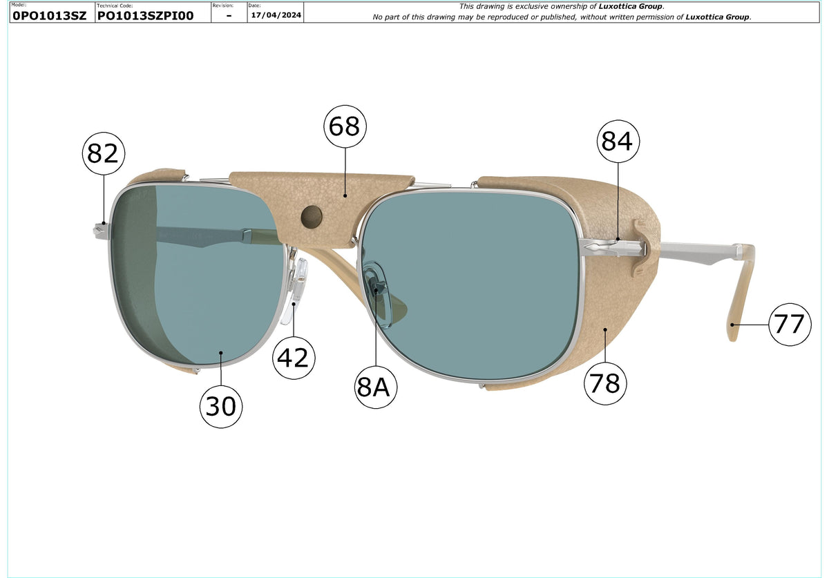 Exploded technical drawing of the Persol PO1013SZ Replacement Parts, with each replacement part numbered