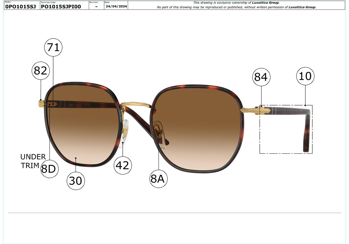 Enlarged technical drawing of the Persol PO1015SJ Replacement Parts