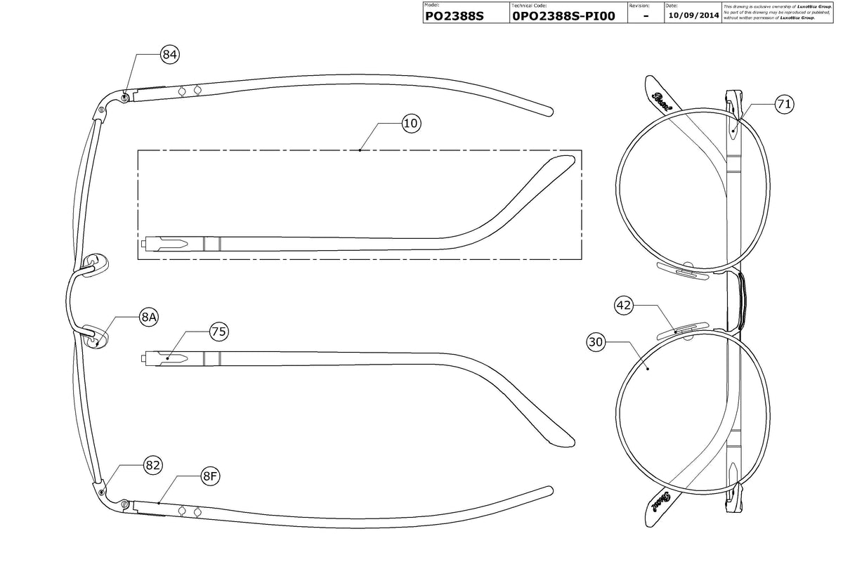 Exploded technical drawing of the Persol PO2388S Replacement Parts, with each replacement part numbered