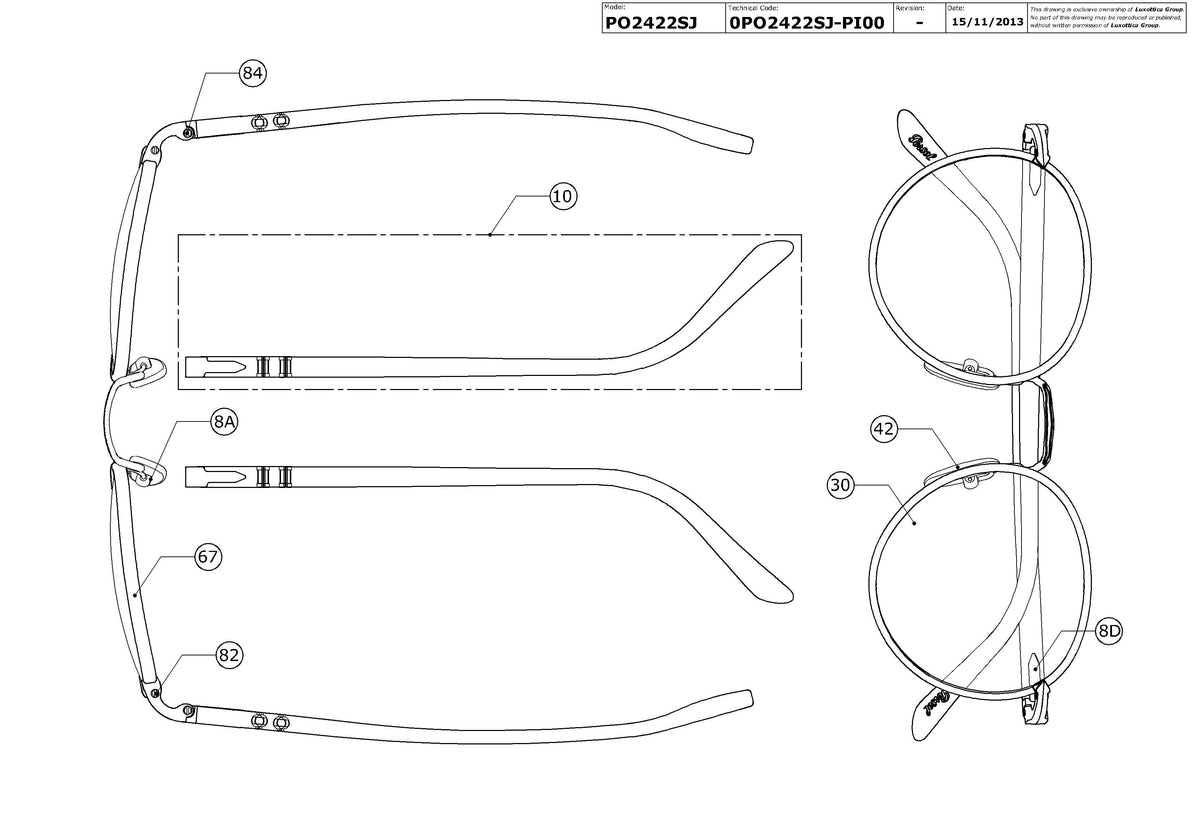 Enlarged technical drawing of the Persol PO2422SJ Replacement Parts