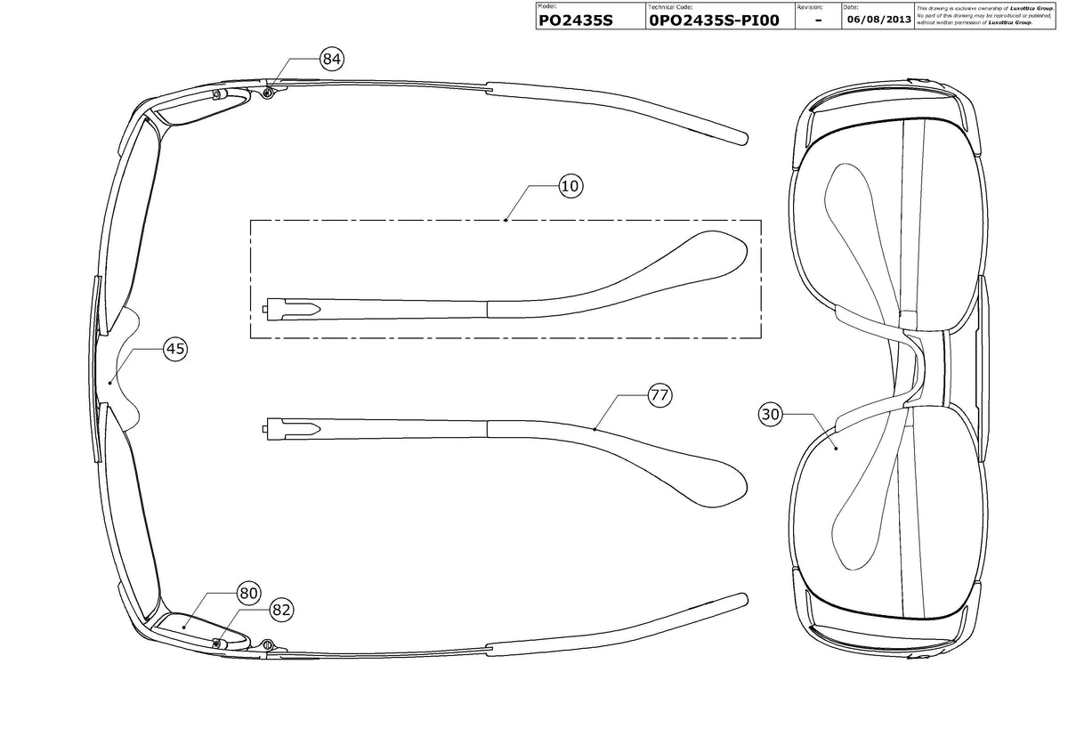 Exploded technical drawing of the Persol PO2435S Replacement Parts, with each replacement part numbered