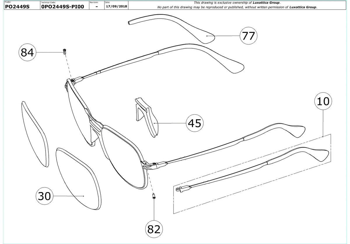 Exploded technical drawing of the Persol PO2449S Replacement Parts, with each replacement part numbered