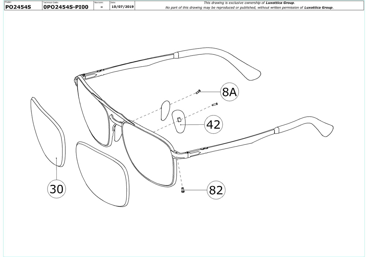Exploded technical drawing of the Persol PO2454S Replacement Parts, with each replacement part numbered