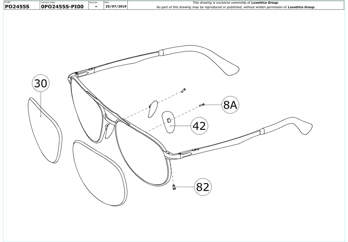 Exploded technical drawing of the Persol PO2455S Replacement Parts, with each replacement part numbered