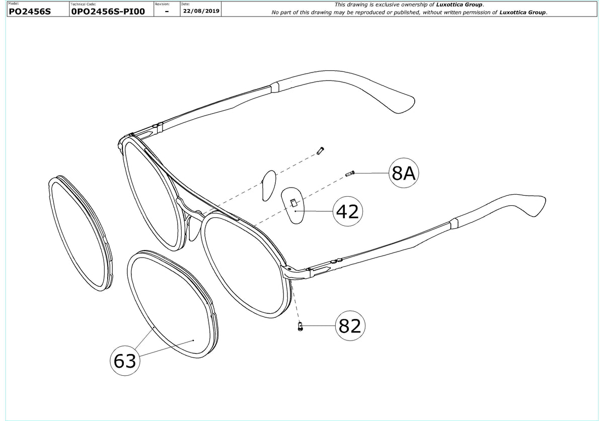 Exploded technical drawing of the Persol PO2456S Replacement Parts, with each replacement part numbered