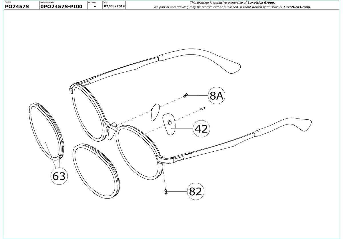 Enlarged technical drawing of the Persol PO2457S Replacement Parts