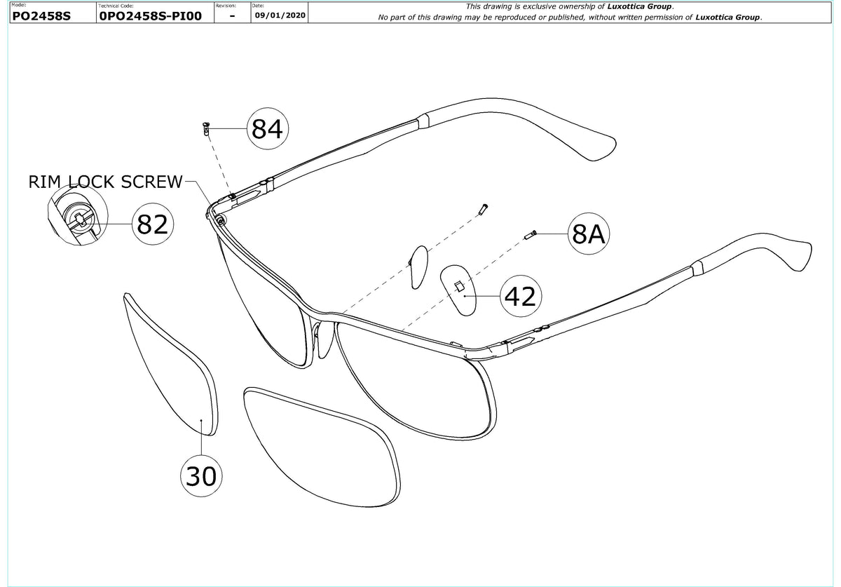 Exploded technical drawing of the Persol PO2458S Replacement Parts, with each replacement part numbered