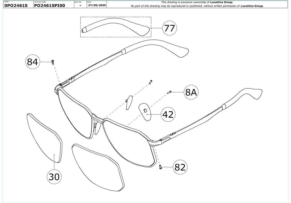 Enlarged technical drawing of the Persol PO2461S Replacement Parts