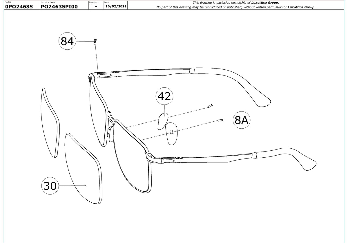 Enlarged technical drawing of the Persol PO2463S Replacement Parts