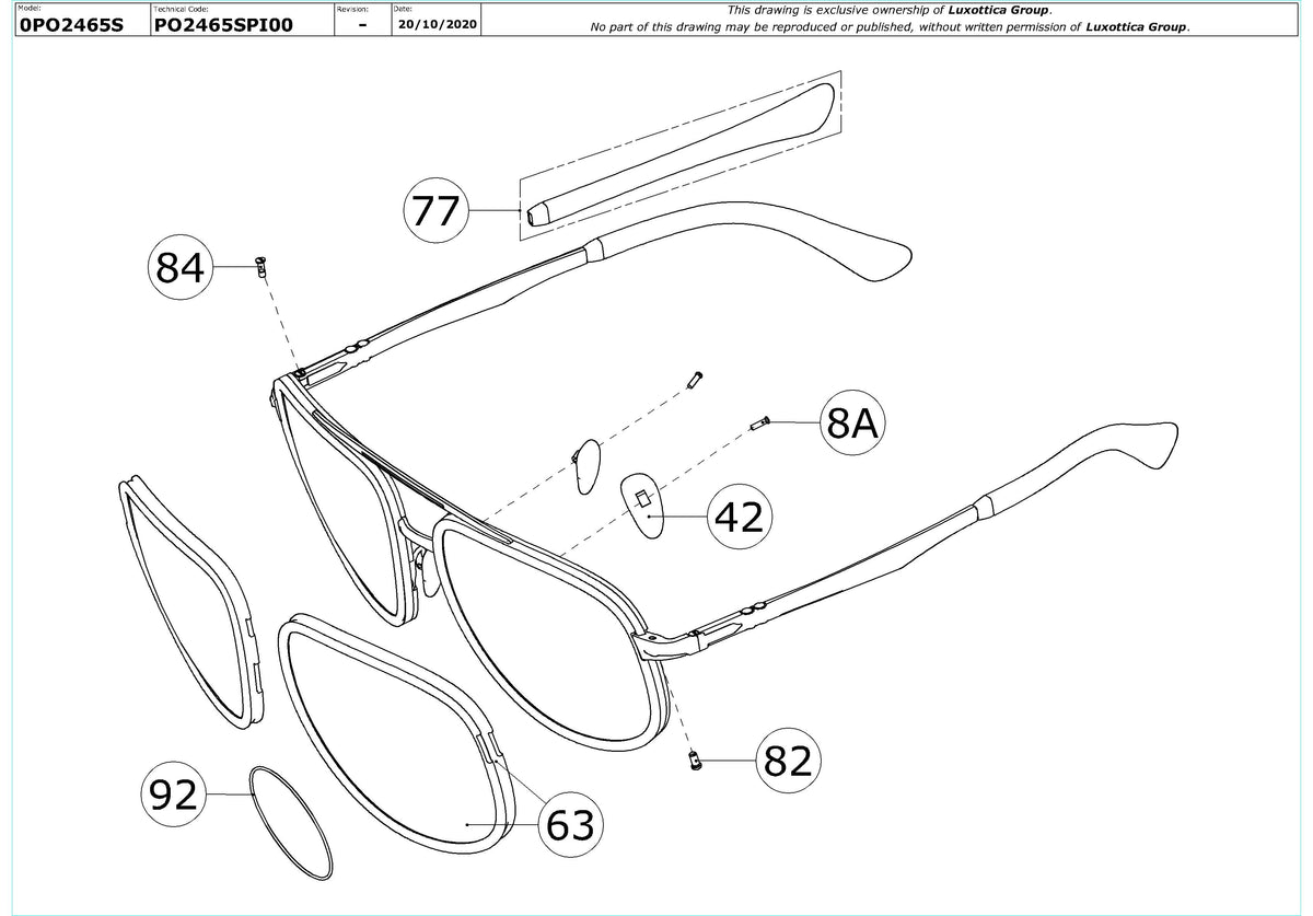 Exploded technical drawing of the Persol PO2465S Replacement Parts, with each replacement part numbered