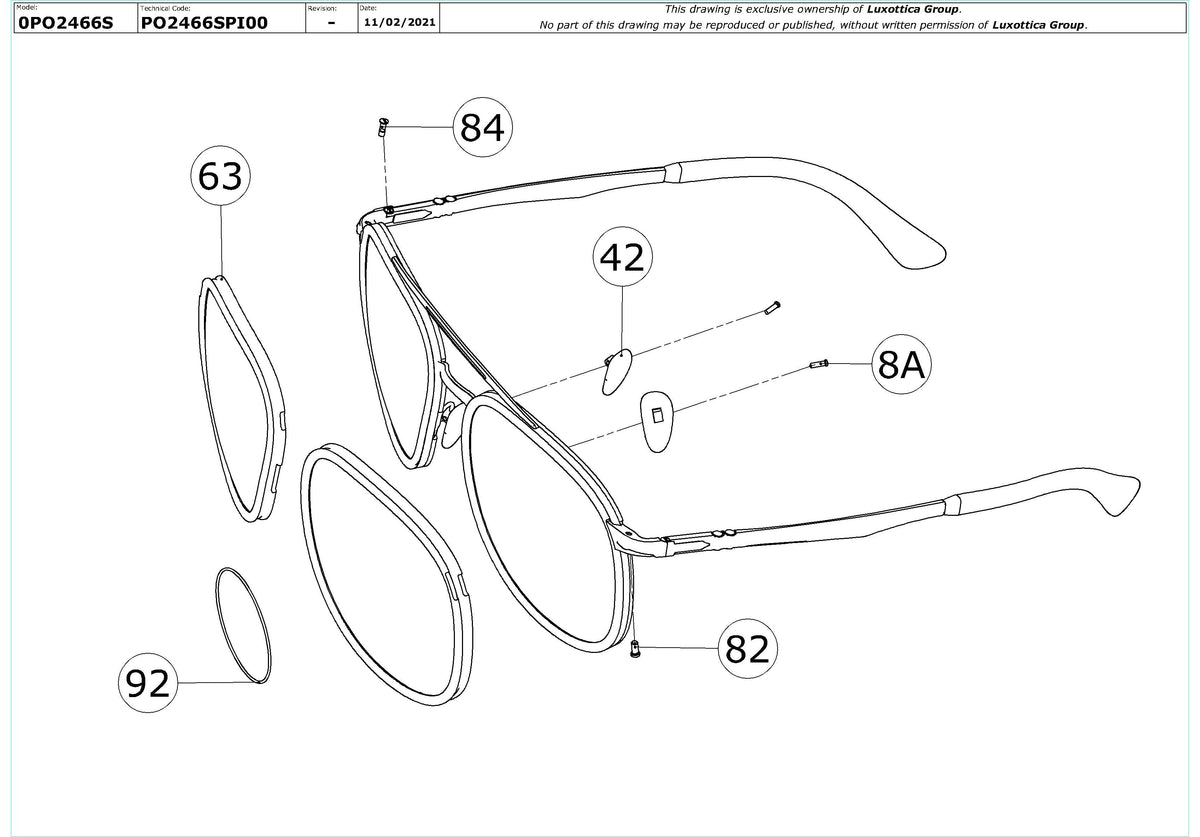Enlarged technical drawing of the Persol PO2466S Replacement Parts