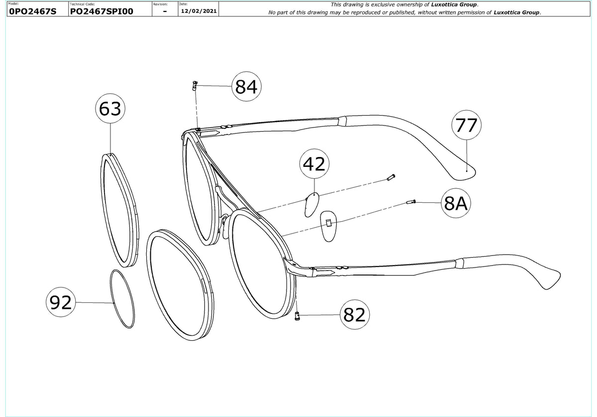 Exploded technical drawing of the Persol PO2467S Replacement Parts, with each replacement part numbered