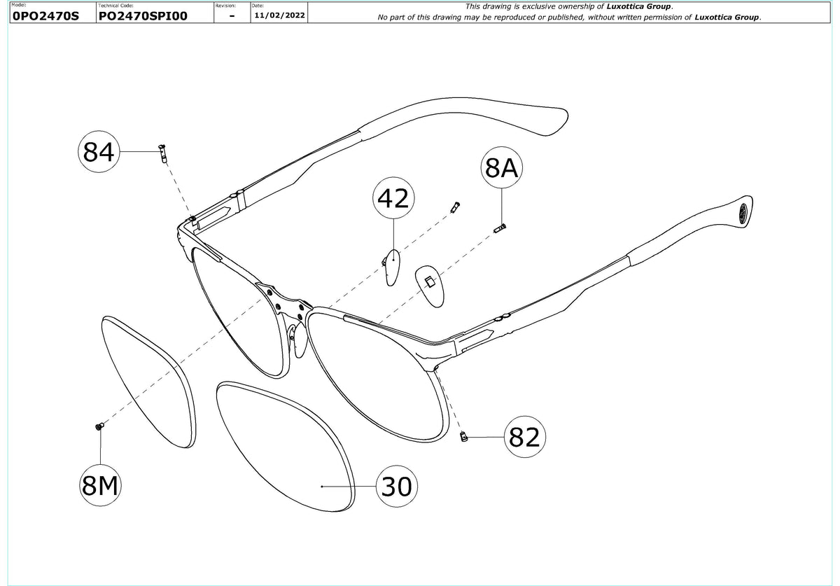 Enlarged technical drawing of the Persol PO2470S Replacement Parts