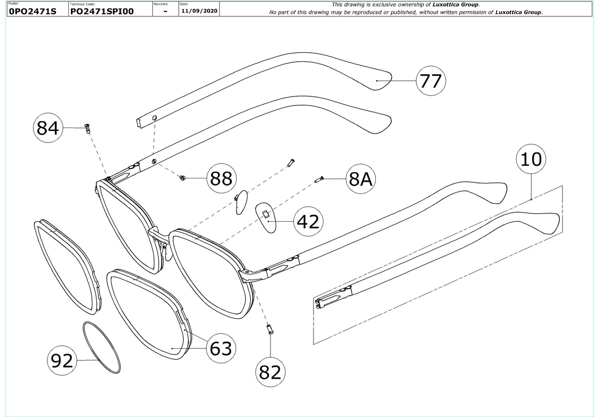 Exploded technical drawing of the Persol PO2471S Replacement Parts, with each replacement part numbered