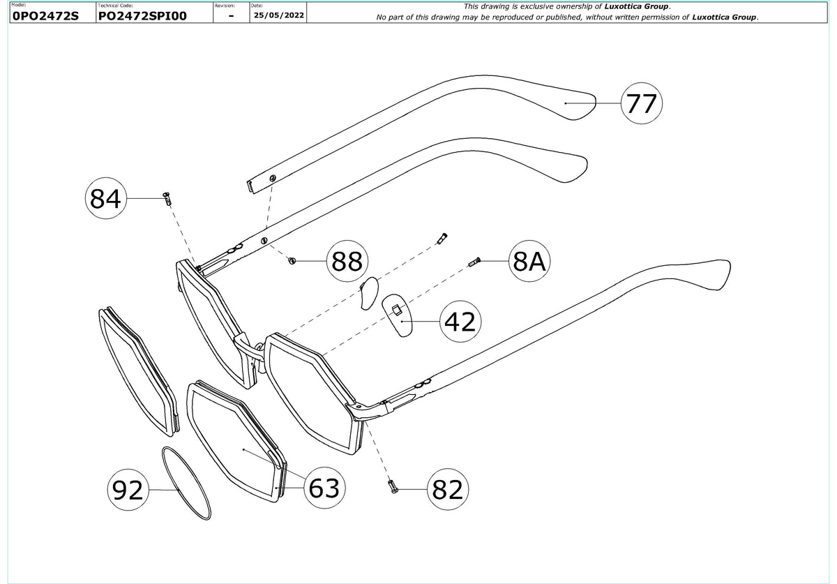 Exploded technical drawing of the Persol PO2472S Replacement Parts, with each replacement part numbered
