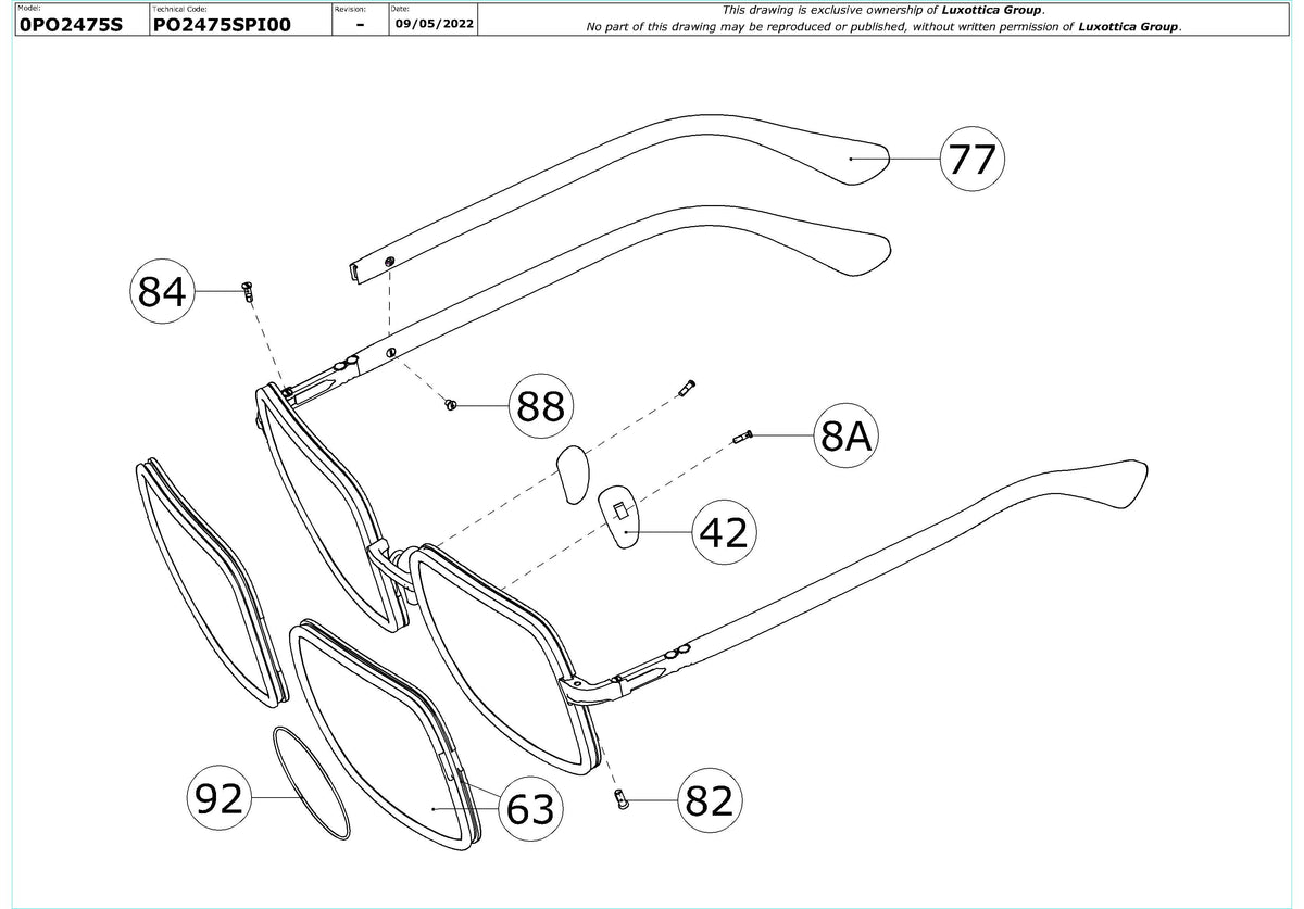 Enlarged technical drawing of the Persol PO2475S Replacement Parts