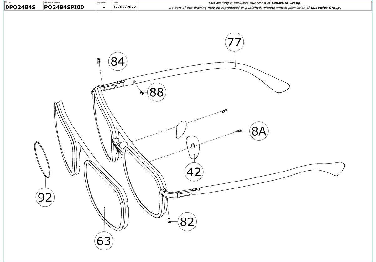 Enlarged technical drawing of the Persol PO2484S Replacement Parts