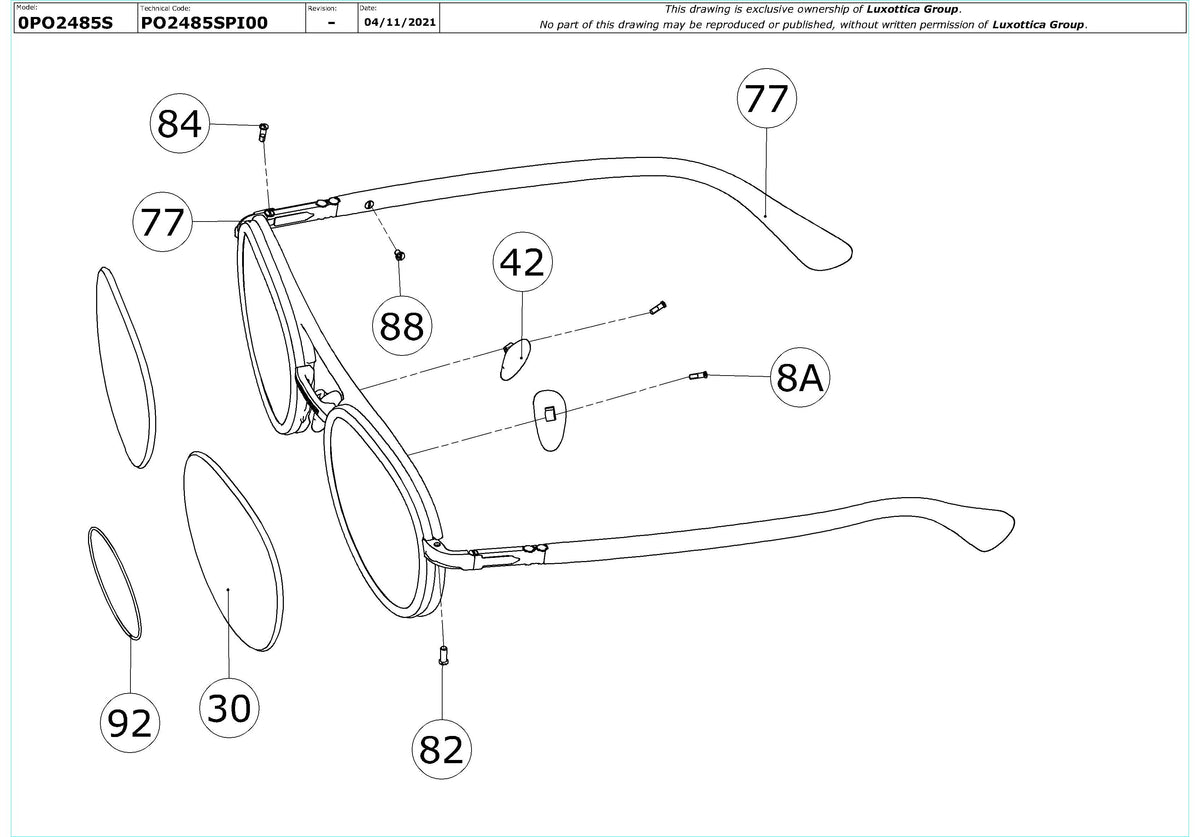 Enlarged technical drawing of the Persol PO2485S Replacement Parts