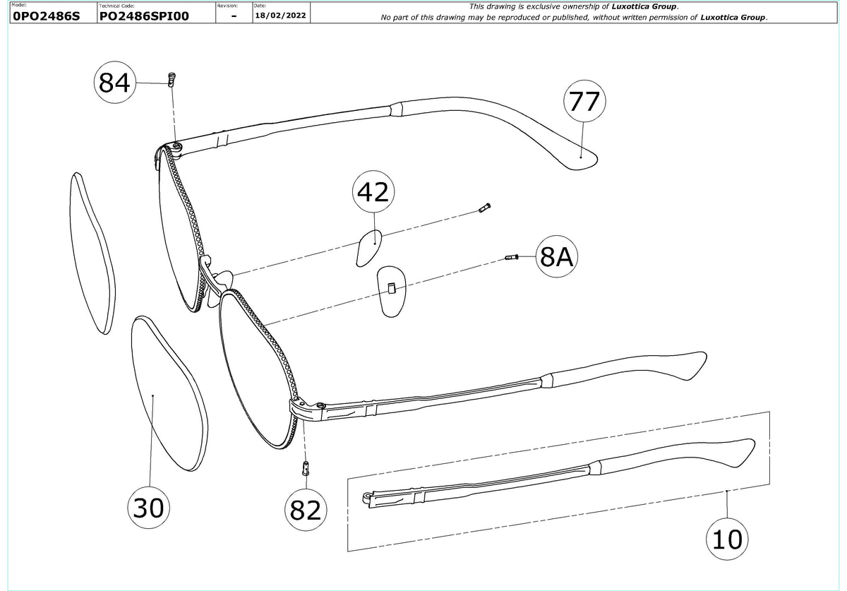 Exploded technical drawing of the Persol PO2486S Replacement Parts, with each replacement part numbered