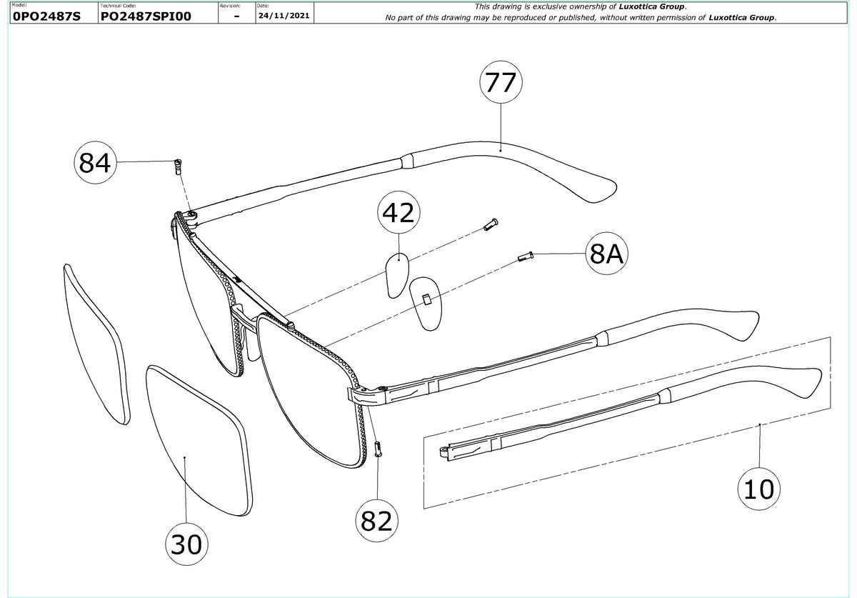 Enlarged technical drawing of the Persol PO2487S Replacement Parts