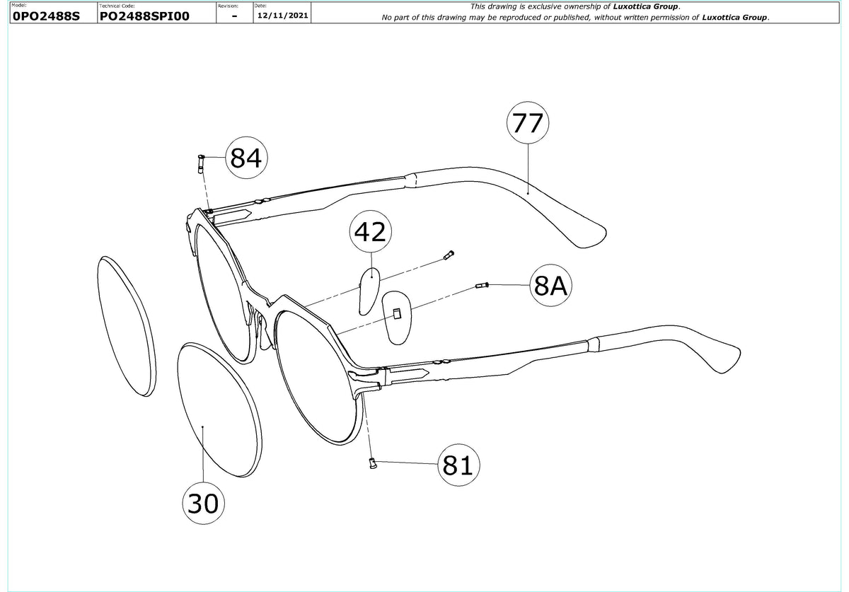 Enlarged technical drawing of the Persol PO2488S Replacement Parts