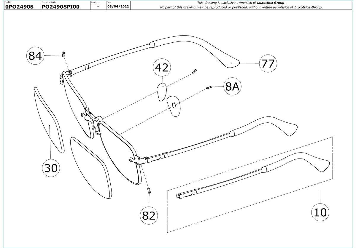 Exploded technical drawing of the Persol PO2490S Replacement Parts, with each replacement part numbered