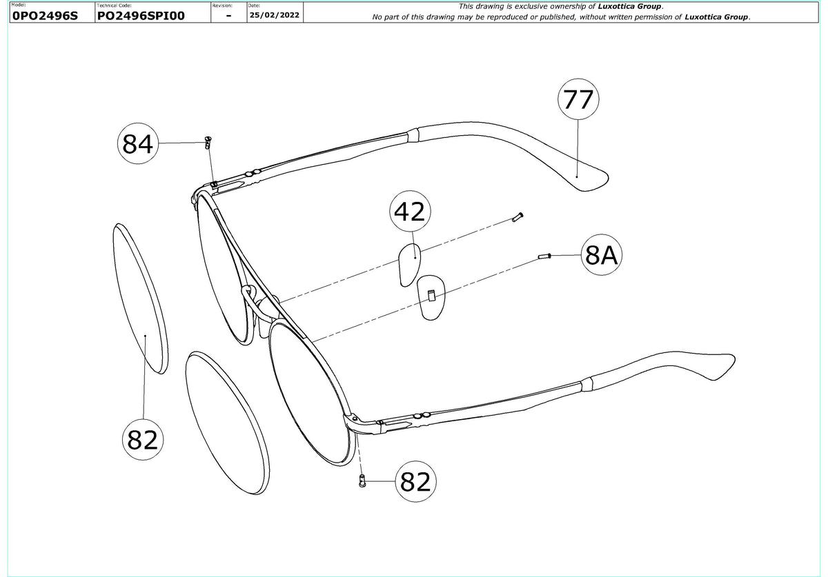 Enlarged technical drawing of the Persol PO2496S Replacement Parts