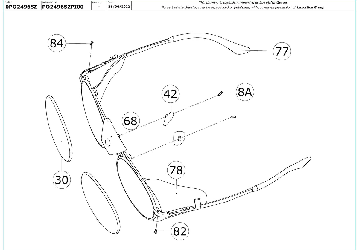 Enlarged technical drawing of the Persol PO2496SZ Replacement Parts